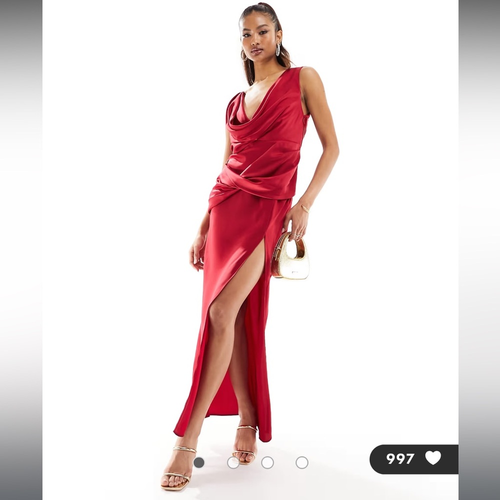 ASOS Design Red Satin Cowl Neck Draped Maxi Evening Dress NWT